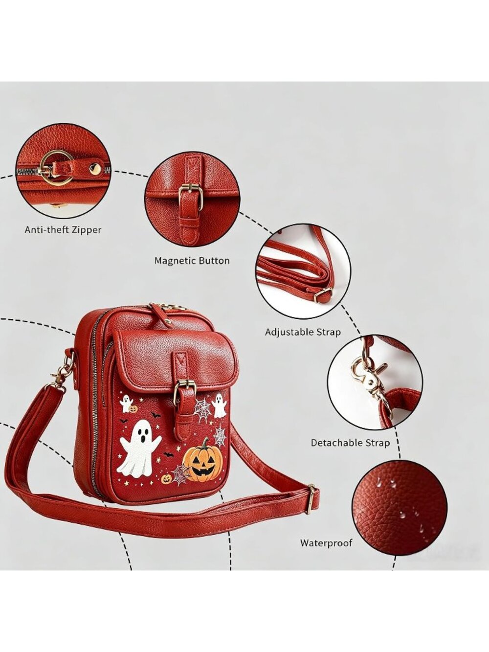 Women Halloween-Red Capacity Purse Card Slots Shoulder Leather Crossbody Bags - Picture 4 of 6